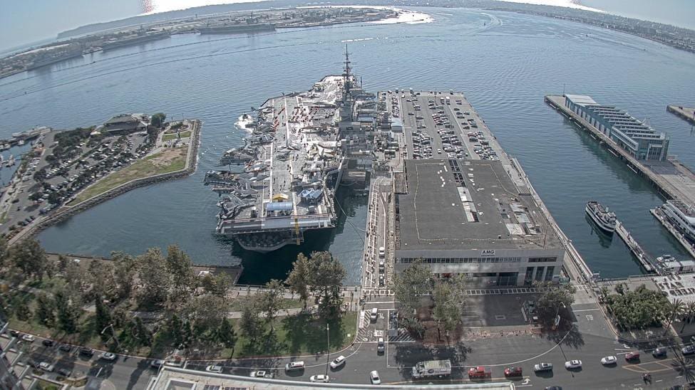 Aerial view of the USS Midway Museum and Burnham Navy Pier, site of Freedom Park