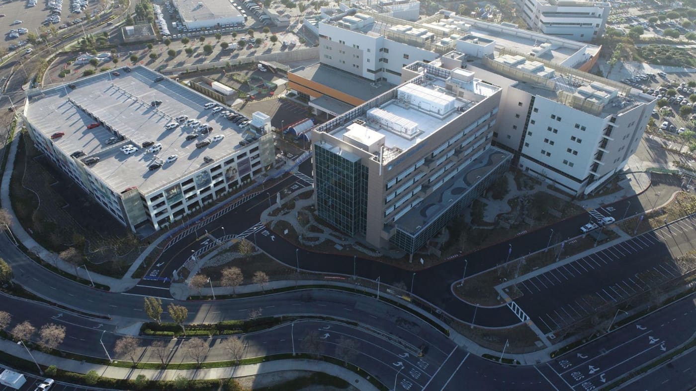 Aerial view of the completed Kaiser Permanente Downey hospital expansion