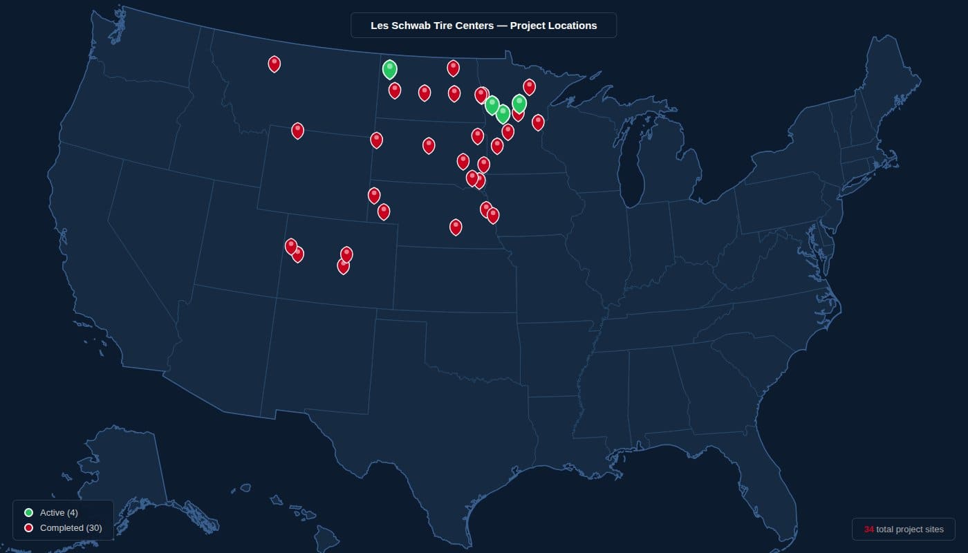 Map of Les Schwab Tire Center project locations across 7 states