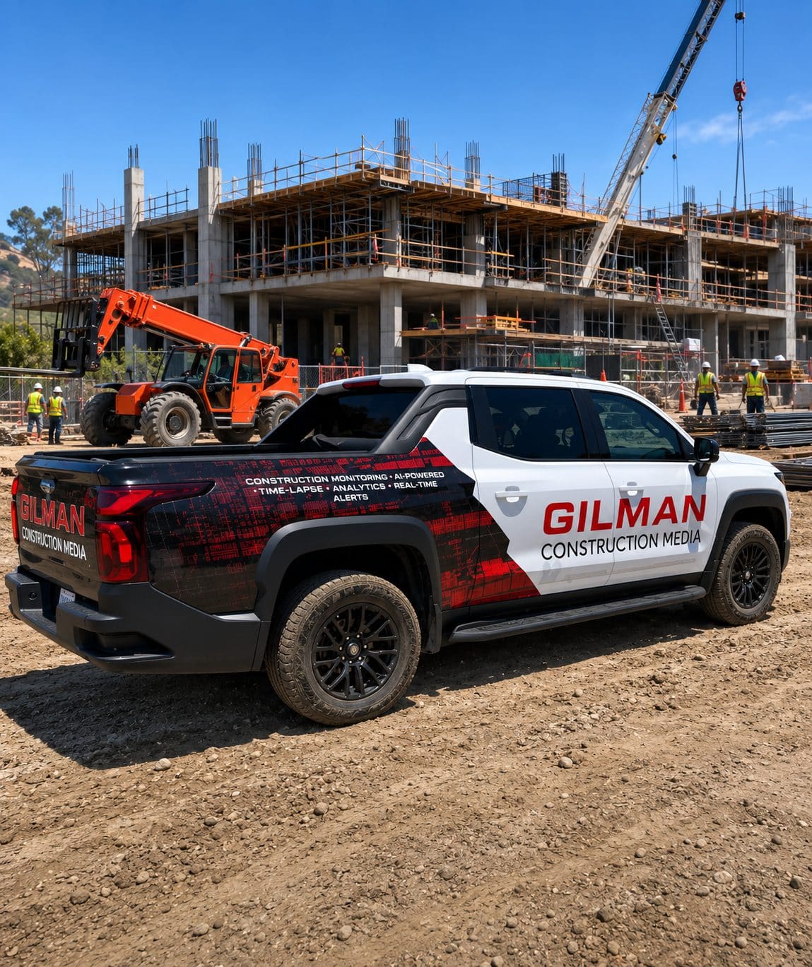 Gilman Construction Media branded truck parked at an active jobsite
